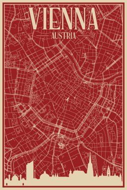 Red hand-drawn framed poster of the downtown VIENNA, AUSTRIA with highlighted vintage city skyline and lettering