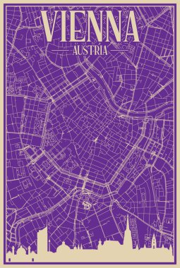 Purple hand-drawn framed poster of the downtown VIENNA, AUSTRIA with highlighted vintage city skyline and lettering