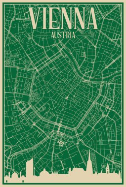 Green hand-drawn framed poster of the downtown VIENNA, AUSTRIA with highlighted vintage city skyline and lettering