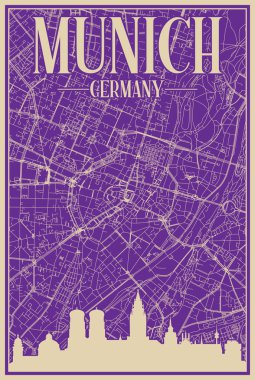 Purple hand-drawn framed poster of the downtown MUNICH, GERMANY with highlighted vintage city skyline and lettering