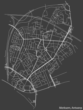 Detailed hand-drawn navigational urban street roads map of the MERKSEM DISTRICT, ANTWERP Belgium with vivid road lines and name tag on solid background