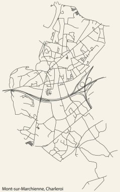 Detailed hand-drawn navigational urban street roads map of the MONT-SUR-MARCHIENNE MUNICIPALITY of the Belgian city of CHARLEROI, Belgium with vivid road lines and name tag on solid background