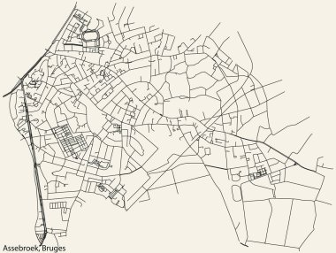 Detailed hand-drawn navigational urban street roads map of the ASSEBROEK SUBURB of the Belgian city of BRUGES, Belgium with vivid road lines and name tag on solid background