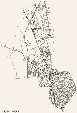 Detailed hand-drawn navigational urban street roads map of the BRUGES CITY of the Belgian municipality of BRUGES, Belgium with vivid road lines and name tag on solid background