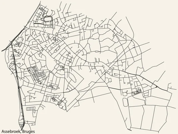 Detaillierte Handgezeichnete Straßenkarte Der Assebroek Suburb Der Belgischen Stadt Bruges — Stockvektor