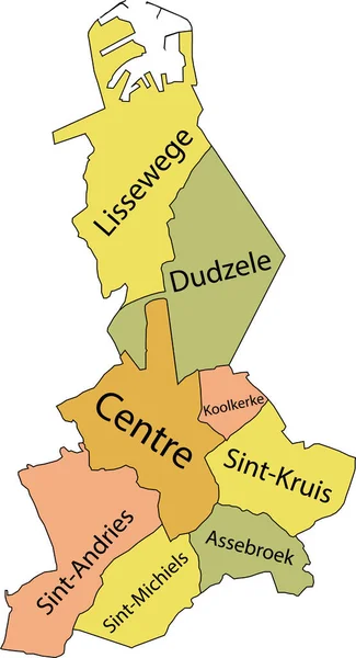 Pastel Flat Vector Administrative Map Bruges Belgium Name Tags Black — Stockvector