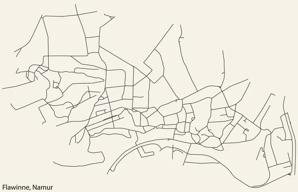 ベルギー ナミュール市のフラワニン地区の詳細な手描きのナビゲーション ロードマップ 鮮やかなロードラインと名前のタグがしっかりとした背景にあります — ストックベクタ