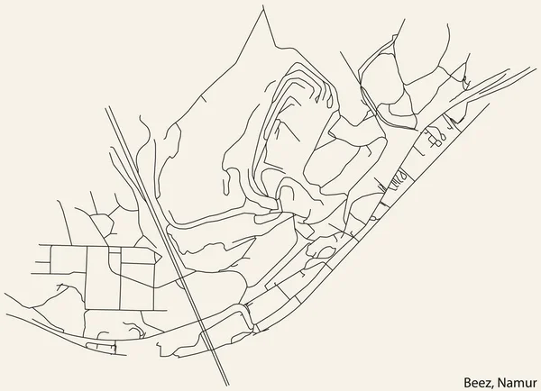 ベルギー ナミュール市のBeez地区の詳細な手描きのナビゲーション ロードマップ 鮮やかなロードラインと名前タグがしっかりとした背景にあります — ストックベクタ