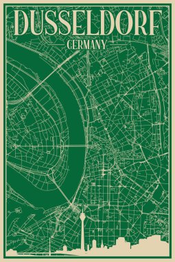 Şehir merkezindeki DUSSELDORF, GERMANY 'nin, vurgulanmış klasik şehir silueti ve harfleriyle el yapımı yeşil çerçeveli posteri.