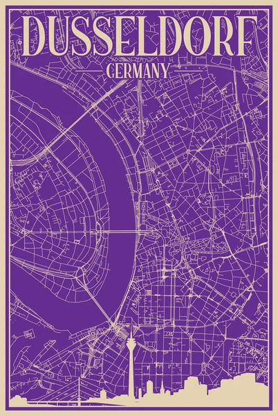 stock vector Purple hand-drawn framed poster of the downtown DUSSELDORF, GERMANY with highlighted vintage city skyline and lettering