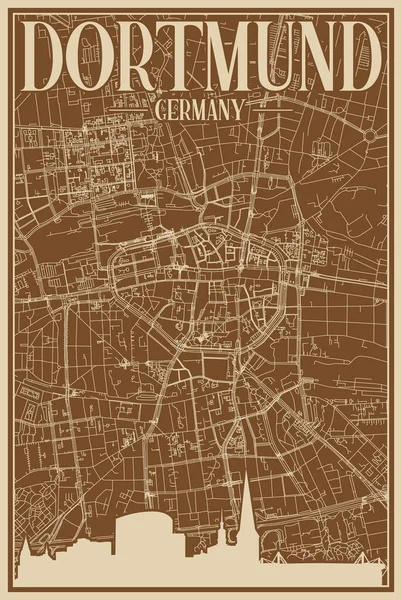 德国德拉曼市中心的棕色手绘框图 带有醒目的古城天际线和字体 — 图库矢量图片