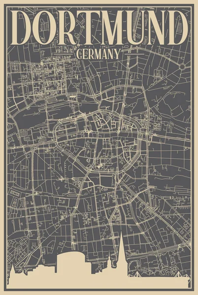 Γκρι Χειροποίητη Κορνιζαρισμένη Αφίσα Του Downtown Dortmund Γερμανια Τονισμένο Vintage — Διανυσματικό Αρχείο