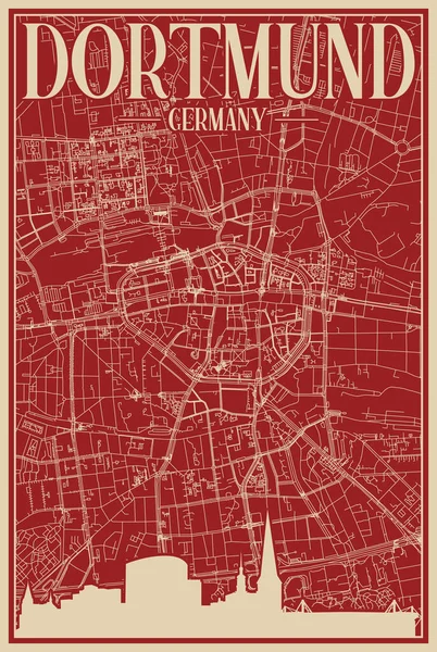 Cartel Enmarcado Rojo Dibujado Mano Del Centro Dortmund Alemania Con — Vector de stock