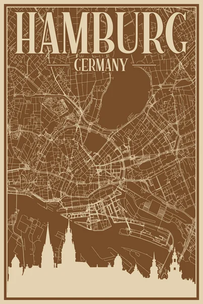 Braunes Handgezeichnetes Gerahmtes Plakat Der Innenstadt Von Hamburg Deutschland Mit — Stockvektor