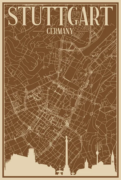 Коричневый Ручной Рамкой Плакат Центра Города Stuttgart Германия Выделенным Винтажным — стоковый вектор