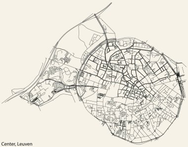 Belçika 'nın LEUVEN şehrinin CENTRUM (CENTER) BOROUGH (CENTER) haritasının ayrıntılı elle çizilmiş yol haritası ve sağlam arka plan üzerinde isim etiketi