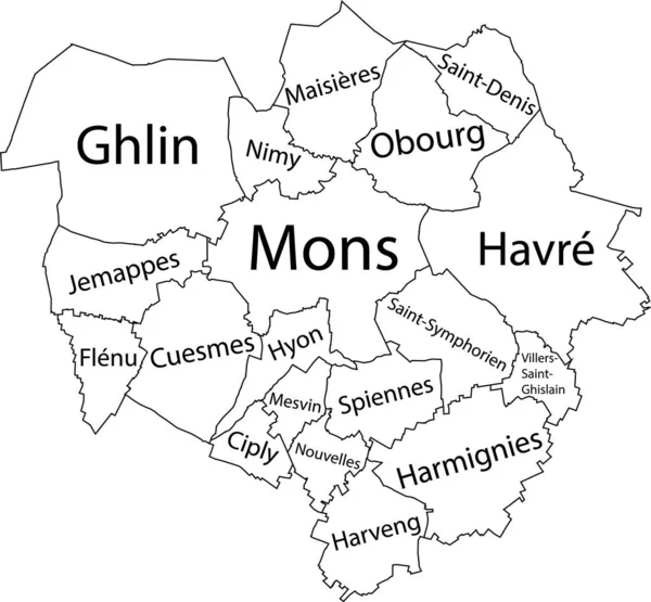 White Flat Vector Mappa Amministrativa Mons Belgio Con Tag Nome — Vettoriale Stock