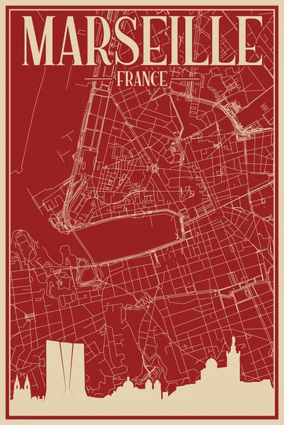 红色的手绘框架海报 画的是法国市中心 带有醒目的复古城市天际线和字体 — 图库矢量图片