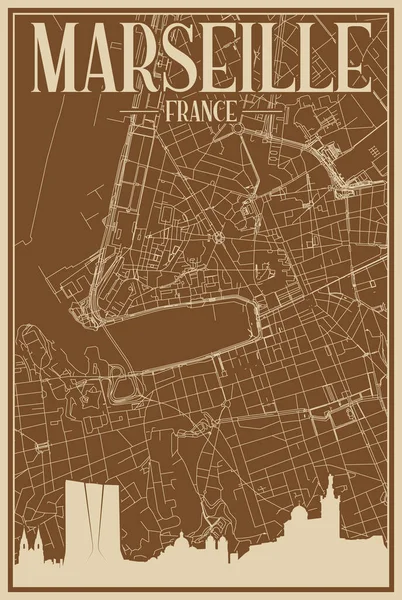 Brown Hand Drawn Framed Poster Downtown Marseilles France Highlighted Vintage — Stock Vector