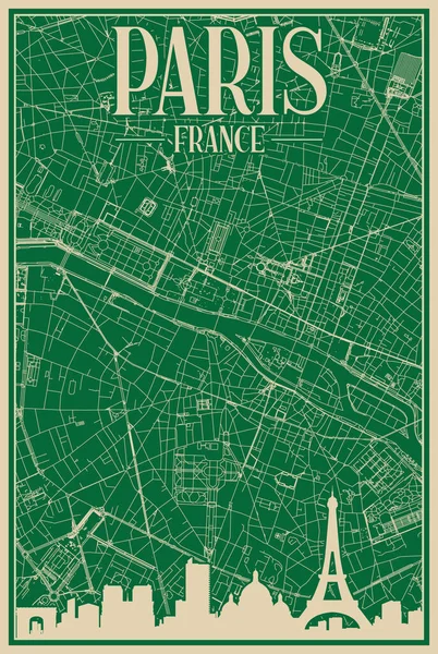 Зеленый Обрамленный Вручную Плакат Центра Парижа Франция Выделенным Винтажным Горизонтом — стоковый вектор