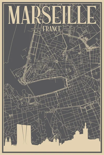灰色的手绘框架海报 画的是法国市中心 带有醒目的复古城市天际线和字母 — 图库矢量图片