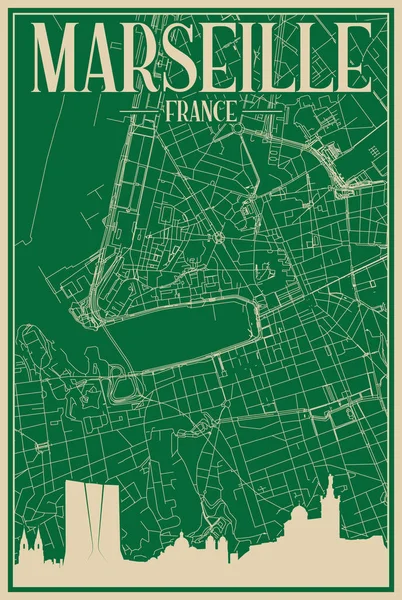 Πράσινο Ζωγραφισμένο Στο Χέρι Αφίσα Του Κέντρου Της Πόλης Marseilles — Διανυσματικό Αρχείο
