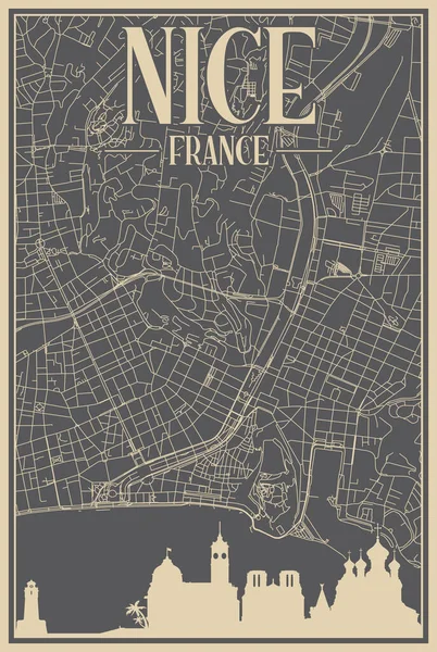 灰色的手绘框架的Nice市中心的海报 带有醒目的老式城市天际线和字体的法兰西 — 图库矢量图片