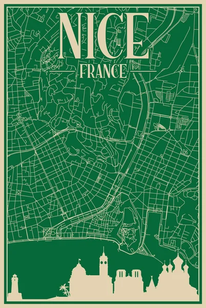 Nice市中心的绿色手绘框图 带有醒目的复古城市天际线和字母的法兰西 — 图库矢量图片