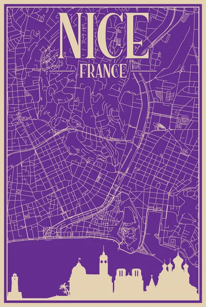 紫色手工绘制的Nice市中心的框图 带有醒目的复古城市天际线和字母的法兰西 — 图库矢量图片