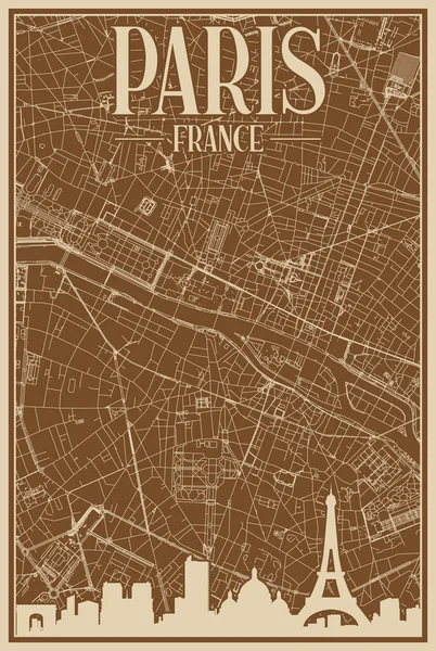 巴黎市中心的棕色手绘框图 带有醒目的复古城市天际线和字体的法兰西 — 图库矢量图片