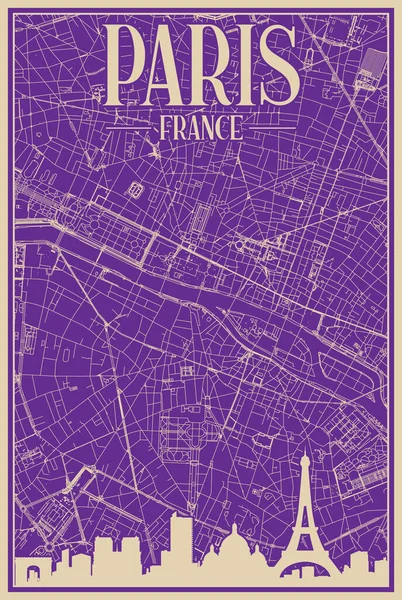 巴黎市中心的紫色手工画框海报 带有醒目的复古城市天际线和字体的法兰西 — 图库矢量图片