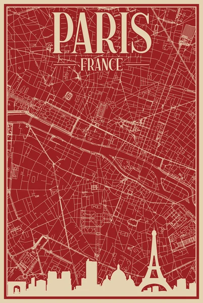 巴黎市中心的红色手绘框图 带有醒目的复古城市天际线和字体的法兰西 — 图库矢量图片