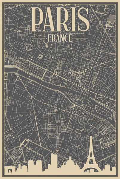 巴黎市中心的灰色手绘框架海报 带有醒目的复古城市天际线和字体的法兰西 — 图库矢量图片