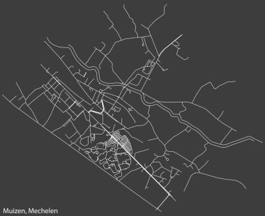 Belçika 'nın MECHELEN kentinin MÜZEN SUBMUNICIPALITY haritasının ayrıntılı elle çizilmiş yol haritası ve sağlam arka planda isim etiketi