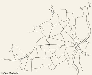 Belçika 'nın MECHELEN şehrinin HEFFEN SUBMUNICIPALITY, Belçika' nın elle çizilmiş yol haritası ve sağlam arka plan üzerinde isim etiketi