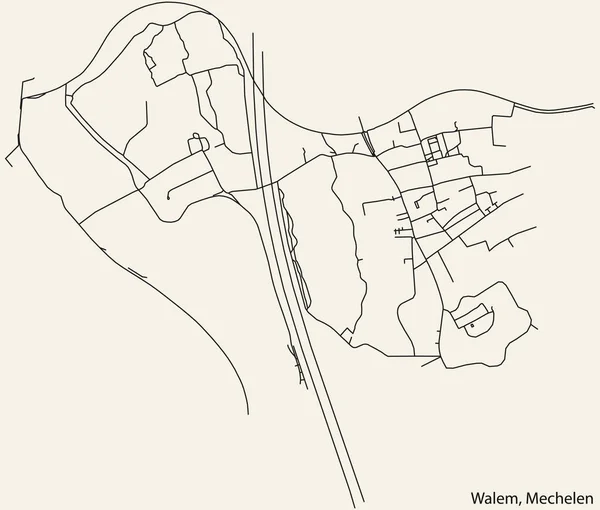 ベルギー メシュレン市のWlem Submunicipalityの詳細な手描きのナビゲーション ロードマップ 鮮やかなロードラインと名前のタグがしっかりとした背景にあるベルギー — ストックベクタ