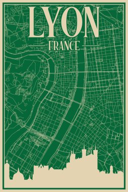 Green hand-drawn framed poster of the downtown LYON, FRANCE with highlighted vintage city skyline and lettering