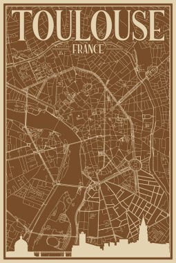 TOULOUSE, FRANCE 'ın, vurgulanmış klasik şehir silueti ve harfleriyle el yapımı, kahverengi çerçeveli posteri.