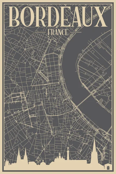 法国博尔达克斯市中心的灰色手绘框架海报 带有醒目的古城天际线和字体 — 图库矢量图片