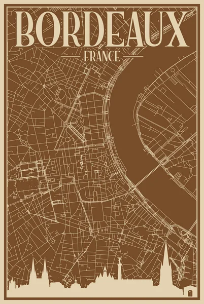 法国波尔多斯市中心的棕色手绘框图 带有醒目的古城天际线和字体 — 图库矢量图片