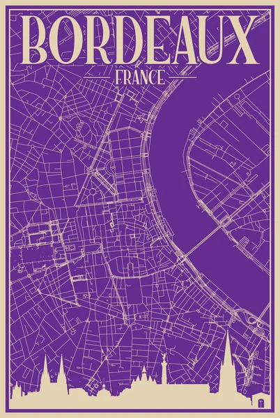 巴黎市中心的紫色手绘框架海报 带有醒目的复古城市天际线和字体 — 图库矢量图片