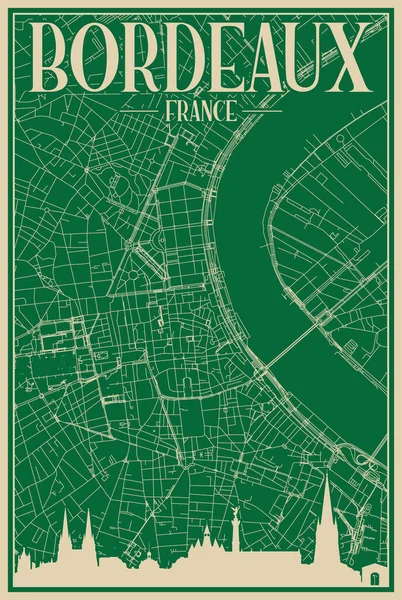 法国波尔多市中心区的绿色手绘框架海报 带有醒目的古城天际线和字体 — 图库矢量图片