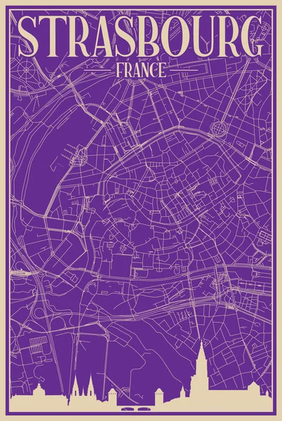 紫红的手工画框画的是法国城市中心地带的海报 带有醒目的古城天际线和字体 — 图库矢量图片