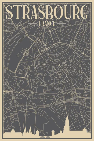 城市中心地带的灰色手绘框架海报 带有醒目的复古城市天际线和字体的法兰西 — 图库矢量图片