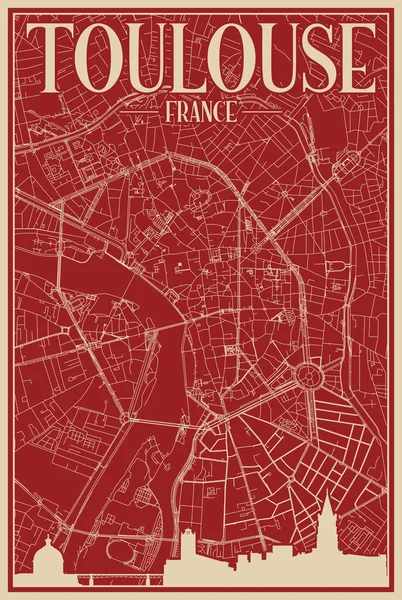 法国市中心的红色手绘框图 带有醒目的复古城市天际线和字体 — 图库矢量图片