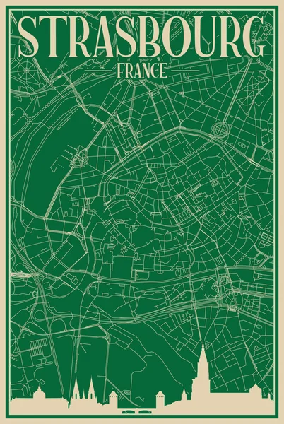 城市中心地带的绿色手绘框架海报 带有醒目的复古城市天际线和字体的法兰西 — 图库矢量图片