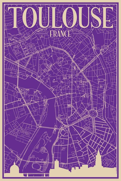 紫红的手绘画框画的是法国市中心的图洛埃 带有醒目的复古城市天际线和字体 — 图库矢量图片