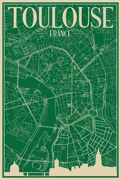 法国市中心的绿色手绘框图 带有醒目的复古城市天际线和字体 — 图库矢量图片