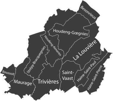 LA LOUVIRE 'nin koyu gri düz vektör idari haritası, Belediyelerinin isim etiketleri ve siyah sınır çizgileriyle BELGIUM