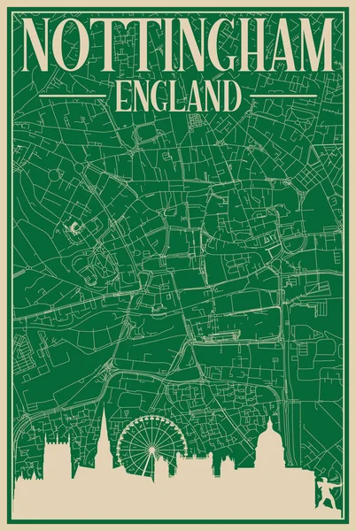 Buntes Handgezeichnetes Gerahmtes Plakat Der Innenstadt Von Nottingham Vereinigtes Königreich — Stockvektor